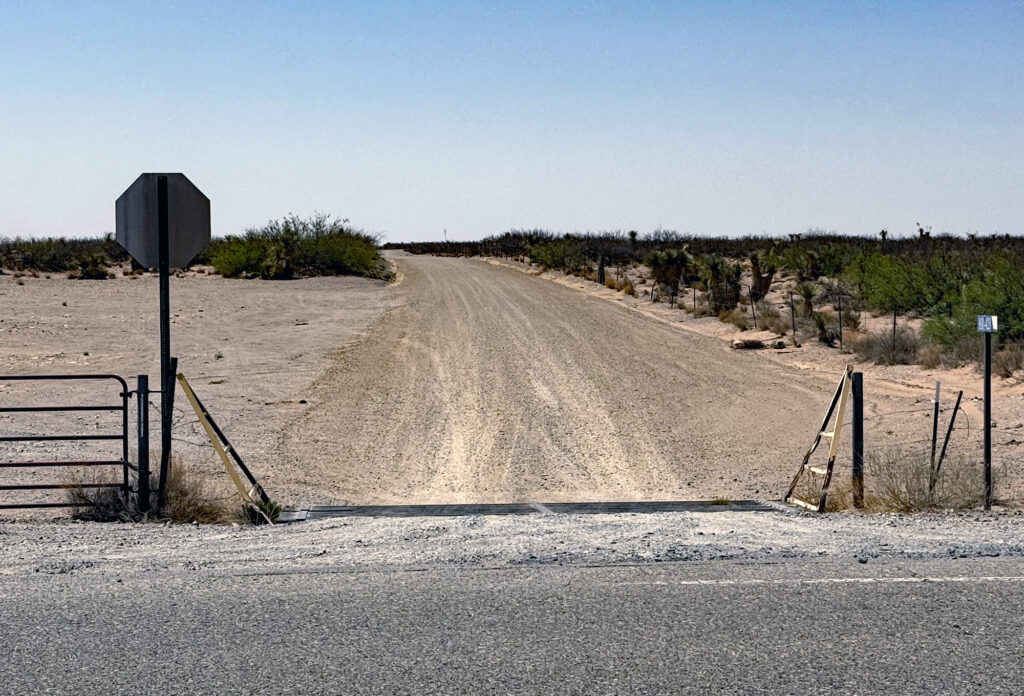 A dirt road that provides access to what's now a U.S. Army base along the border in Southern New Mexico. There are no guards or signs warning people against trespassing on military land.