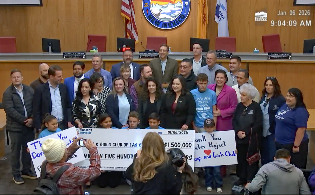 Three Doña Ana County commissioners — Gloria Gameros, Manuel Sanchez and Christopher Schaljo-Hernandez — joined others at an event on Tuesday to celebrate a $1.5 million donation the developers of Project Jupiter are giving to the Boys & Girls Club of Las Cruces.