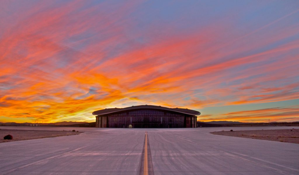 Virgin Galactic's hangar at Spaceport America, shown here at sunset. (Spaceport America photo)